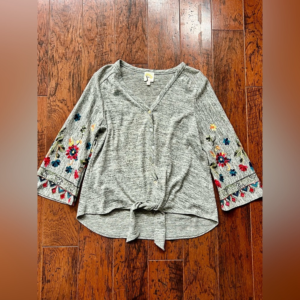 Gray Floral Embroidered Women's Top